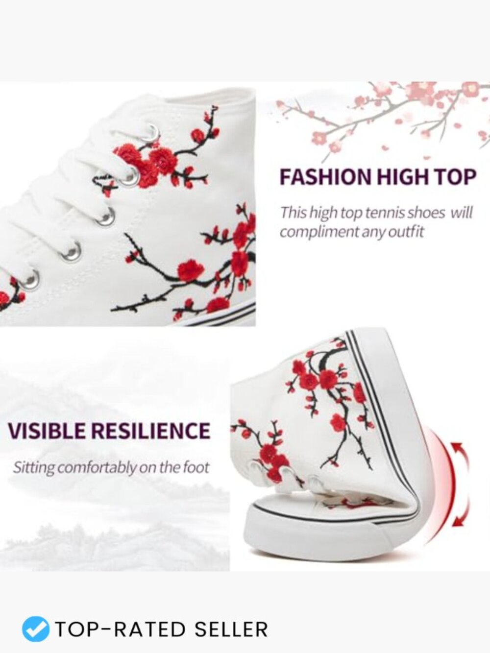 High Top Canvas Sneakers Embroidered Floral Lace Up Casual Walking Comfort Shoes - Picture 4 of 7